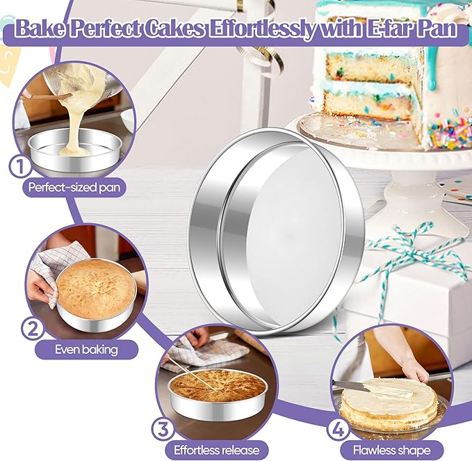 E-far 9 Inch Round Cake Pan, 2-Piece Stainless Steel Round Baking Mold Tins - Non-Toxic & Leak-Proof for Birthday Wedding Layer Tiered Cake, Easy Clean & Dishwasher Safe