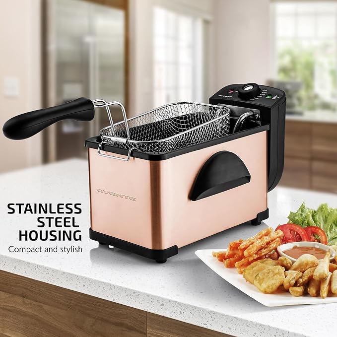 OVENTE Electric Deep Fryer 2L Capacity, Lid with Viewing Window, Adjustable Temperature, Removable Frying Basket & Cool Touch Handle, 1500W Power, Easy to Clean Stainless Steel Body, Copper FDM2201CO