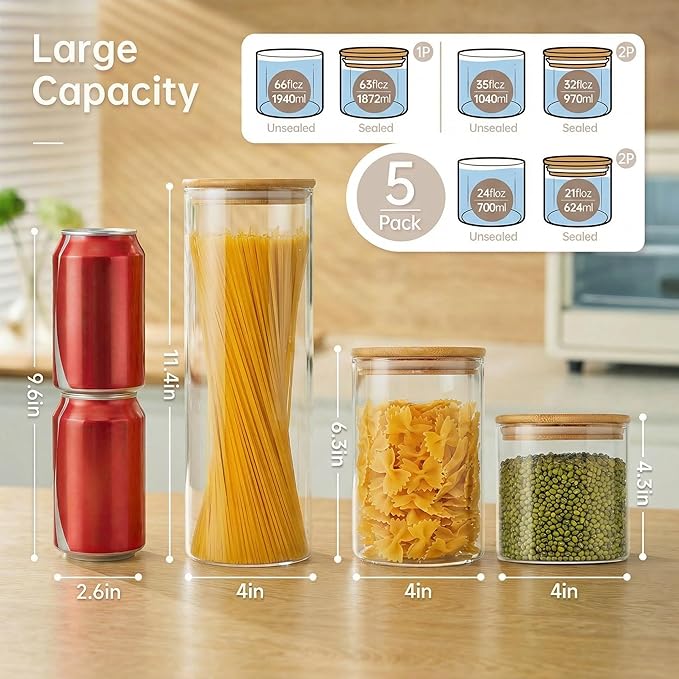 Multi Size - 5 Pack Glass Jars with Bamboo Lids, Glass Pantry Storage Containers with Airtight Lids, Round Air Tigh Food Storage Canisters for Cereal, Pasta, Flour, Sugar, Best for Kitchen Organizer