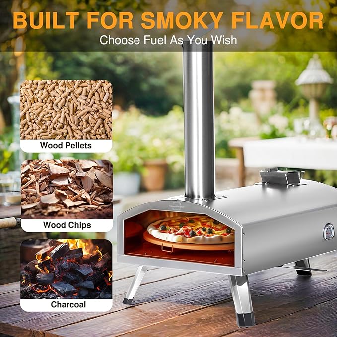 G-HWPON001, Rotatable Wood Fired Pizza Oven-12 inch, Silver