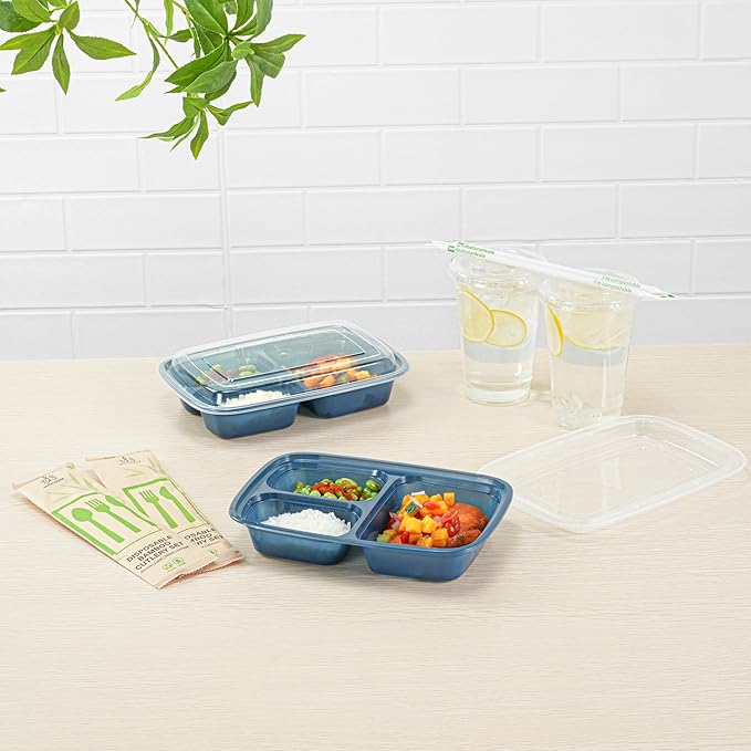 Asporto 26 Ounce Compartment Take Out Boxes, 100 Microwavable Meal Prep Containers - 3 Compartments, With Clear Plastic Lids, Midnight Blue Plastic Food Containers, Do Not Contain BPA - Restaurantware