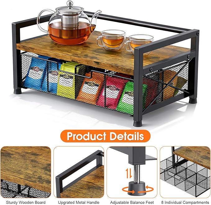 Tea Bag Organizer - Tea Organizer with 8 Compartments & Drawer, Wooden Tea Bar Storage Box, Tea Bag Holder for Countertop Kitchen Tea Station, Rustic Brown