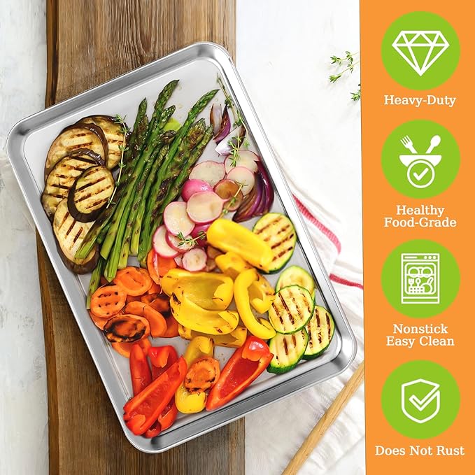 4 Pieces Baking Sheet Pan Tray, CEKEE Stainless Steel Small Cookie Sheets for Baking, Baking Sheets for Oven, Warp Resistant & Heavy Duty & Rust Free Baking Pans Set - Size 9.3 x 6.9 x 0.98 Inch