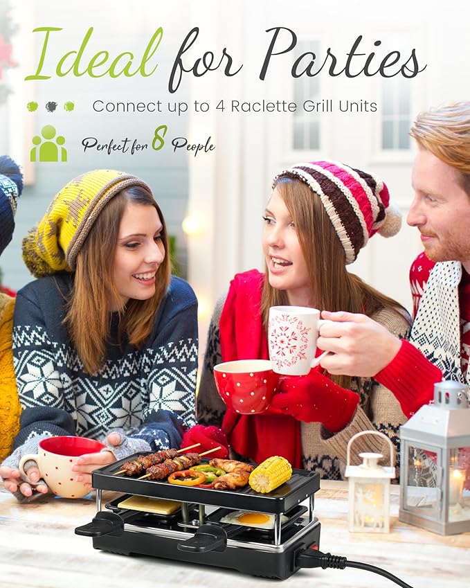 2-Person Raclette Table Grill - Indoor Non-stick Electric Grill Griddle - Series Connection Contact Grill up to 4 Grills, 2 Paddles Included, 2 Packs, BC-02