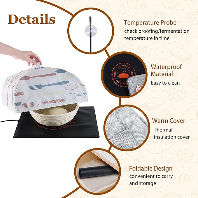 Bread Proofing Mat with Warm Cover, Sourdough Hearting Mat, Sourdough Warming Mats with Thermostat Temperature Control, 13.9" x 13.9" Bread Proofer Dough Warmer for Home Kitchen Baking