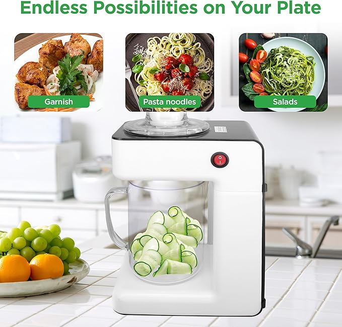 NutriChef 3-in-1 Electric Vegetable Chopper, Spiralizer, and Salad Maker - Fruit Cutter, Spiral Shredder Machine, Veggie Spaghetti & Noodle Maker | Includes Food Plunger & 1.2L Bowl