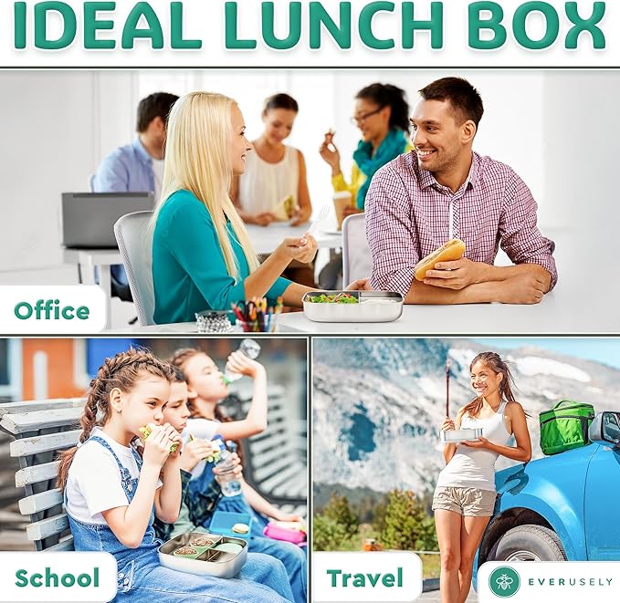 Everusely - Bento Box - Green, 60oz / 1.8 L - Extra Large Stainless Steel Lunch Box + Leakproof Condiment Container - 3 Compartment Snack Organizer for On the Go Meals - Freezer & Dishwasher Safe