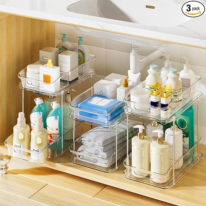 Delamu 2-Tier Under Sink Organizers and Storage, Multi-Purpose Stackable Bathroom Cabinet organizers, Pull Out Kitchen Pantry Organization and Storage with Dividers(3 Pack, Clear)