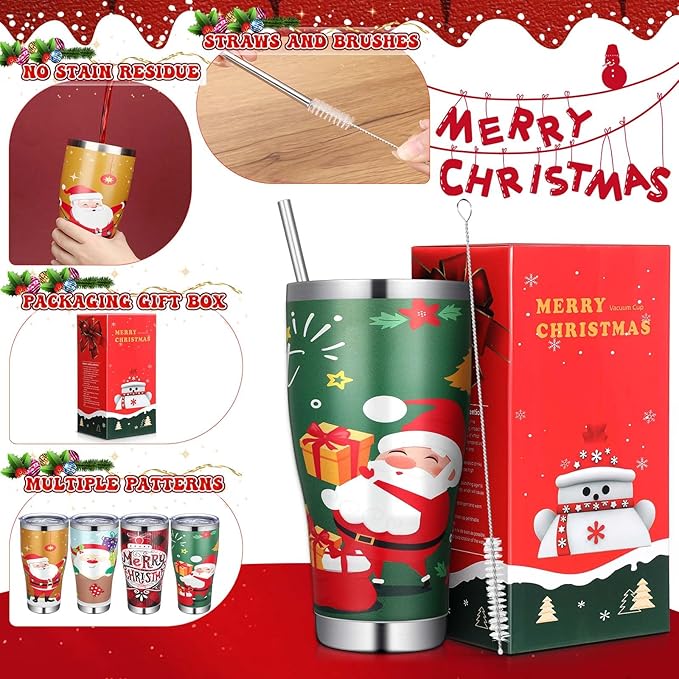 Mifoci 4 Pcs 30 oz Christmas Tumbler with Lid and Straw Stainless Steel Christmas Mug Double Insulated Cup Insulated Coffee Tumbler with Straw Brush for Holiday Coworkers Women Gifts(Style 3)