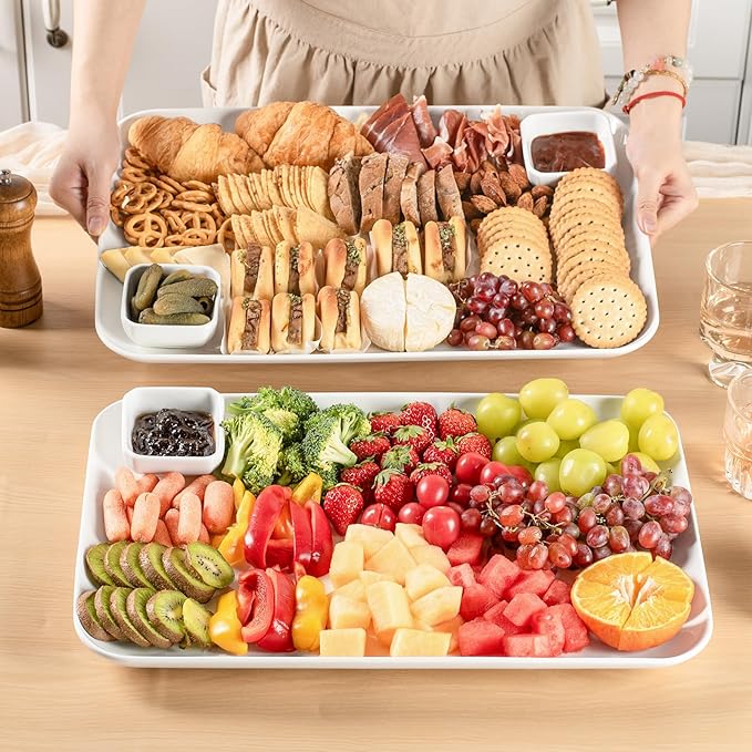 DELLING 18 Inch Large Serving Platter Set of 2, White Porcelain Serving Trays 18" x 12.3", Rectangular Platters for Turkey Fruit Appetizer Party, Oven Microwave Dishwasher Safe, Wedding Entertaining