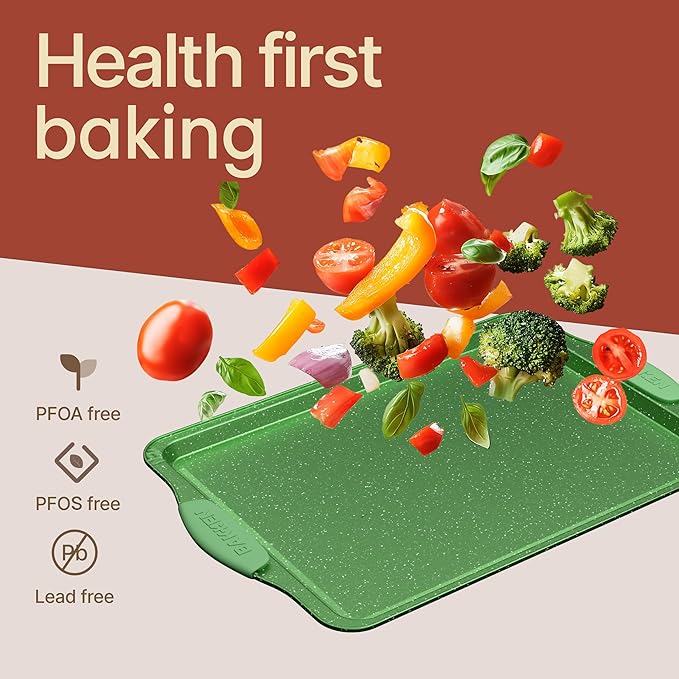 BAKKEN Kitchen Baking Pan Set - Nonstick Green Marble Coating, Carbon Steel Bakeware Sets with Green Silicone Handles, Kitchen Essentials, PFOA, PFOS, PTFE Free, Oven Safe (Up To 450° F), Set of 8
