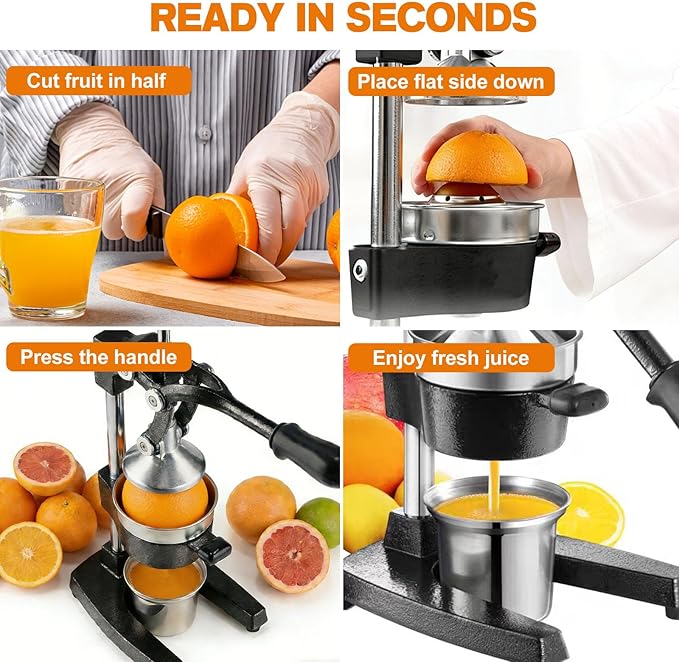 Cast Iron Citrus Juicer - 13.8LB Heavy Duty Manual Orange Press, 304 Stainless Steel Cup & Strainer, Professional Lemon Grapefruit Pomegranate Squeezer for Home Bar Kitchen, Black