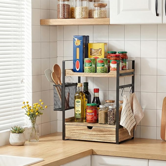 Coffee Station Organizer Countertop, Wooden Coffee Bar Accessories Organizer with Basket, 2 Mug Holder Hooks and Pod Drawer, Multifunctional 2 Tier Countertop Organizer for Kitchen, Bathroom, Office
