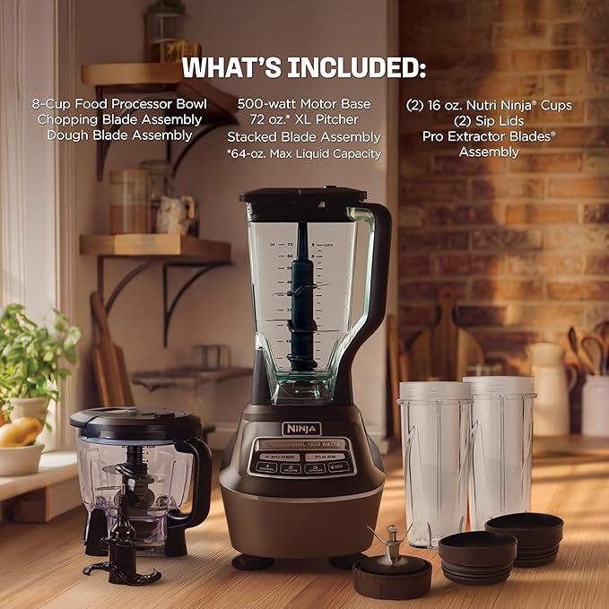 Ninja Kitchen System | 8-Cup Food Processor Bowl & 72 oz. Blender All-in-One | With (2) 16 oz. To-Go Cups | For Smoothies, Ice Crushing, Dough & More | 1500 Watt | Black | BL770