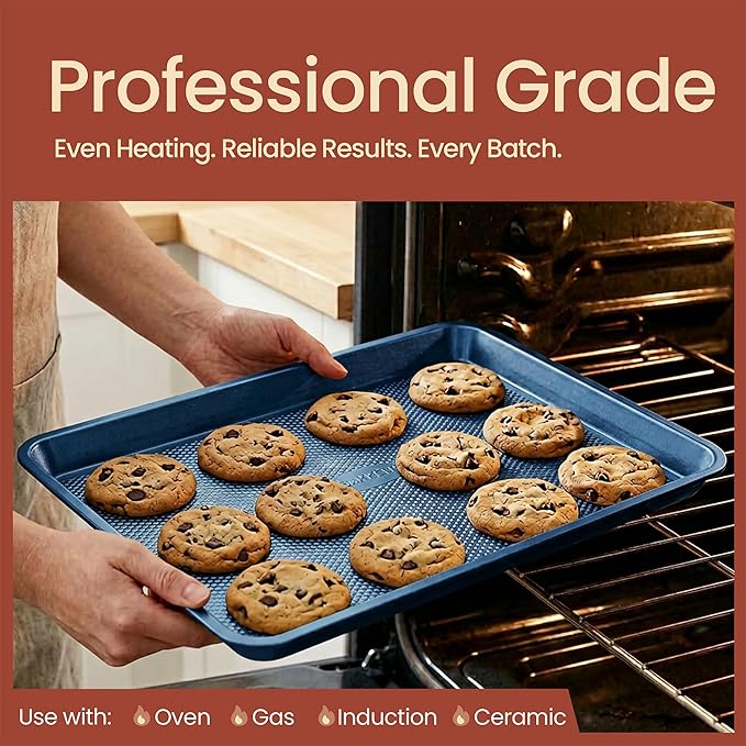 BAKKEN Kitchen Baking Pans - Nonstick Blue Coating, 13.58’’ × 9.65’’ Commercial Grade Carbon Steel Cookie Sheet, Diamond Texture Bottom, PFOA, PFOS, PTFE Free, Oven Safe Tray (450°F), Blue