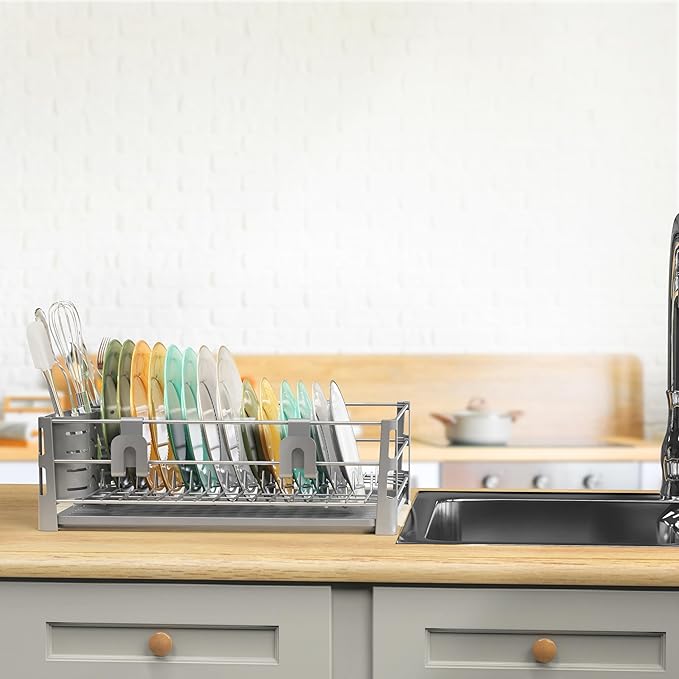 Simple Houseware Dish Drying Rack with Drainboard, Utensil Holder & Mug Hooks, Silver Metal Kitchen Counter Organizer