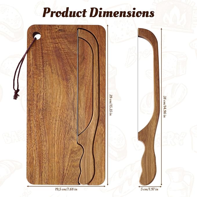 Bread Slicer and Bow Knife Set with Wooden Cutting Board, 8 Inch Serrated Steel Bread Knife for Sourdough & Homemade Bread, Ergonomic Handle with Matching Crumb Tray, Ambidextrous Design