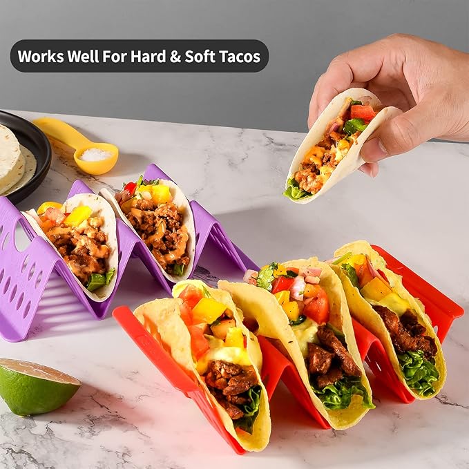 Set of 48 Colorful Taco Holder Stand, Plastic Taco Plates Hold up to 3 Tacos Each, Hard Sturdy Taco Shell Holder, Fiesta Taco Plate, Taco Tray, Dishwasher Microwave Safe, Taco Plates Disposable