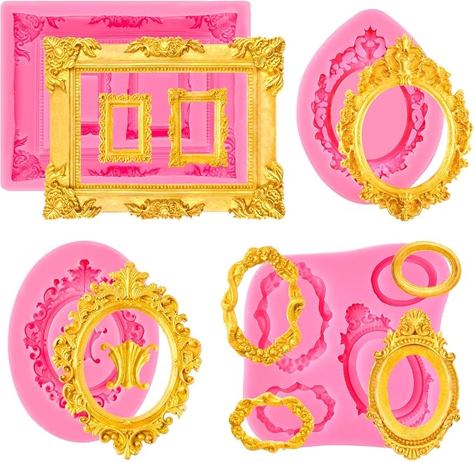 Puyeipt 4 Pcs Photo Frame Silicone Molds, Baroque Style Picture Photo Frames and Mirrors Fondant Molds for Cupcake Topper, Chocolate, Candy, Donut Cake Puck Decoration and Clay Craft Making