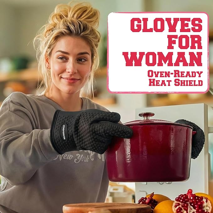 KITCHEN PERFECTION S Silicone Smoker Oven Gloves for Women -Extreme Heat Resistant BBQ Gloves -Handle Hot Food Right on Your Grill Fryer |Waterproof Oven Mitts for Cooking |Superior Set+3 Bonuses