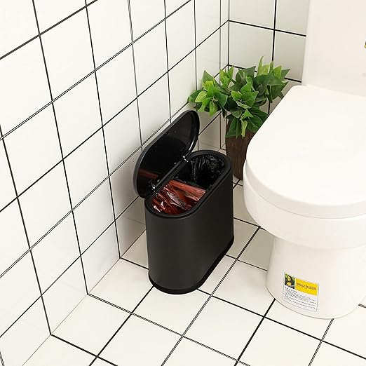 12L Black Slim Bathroom Trash Can with Press Top Lid,3.17 Gallon Pet/Dog Proof Kitchen Trash Can,Thin Garbage Can,Covered Wastebasket,Narrow Small Plastic Trashcan for Craft Room,Bedroom,Office,Dorm