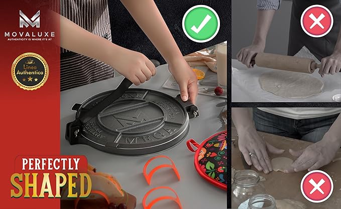 Movaluxe® Tortilla Press 12 Inch Cast Iron MEGA – Corn & Flour Roti Maker Machine Heavy Duty Tortillera Presser. With Parchment Paper, Warmer Pouch, Taco Holders, Rubber Mat & Digital Culinary Guide