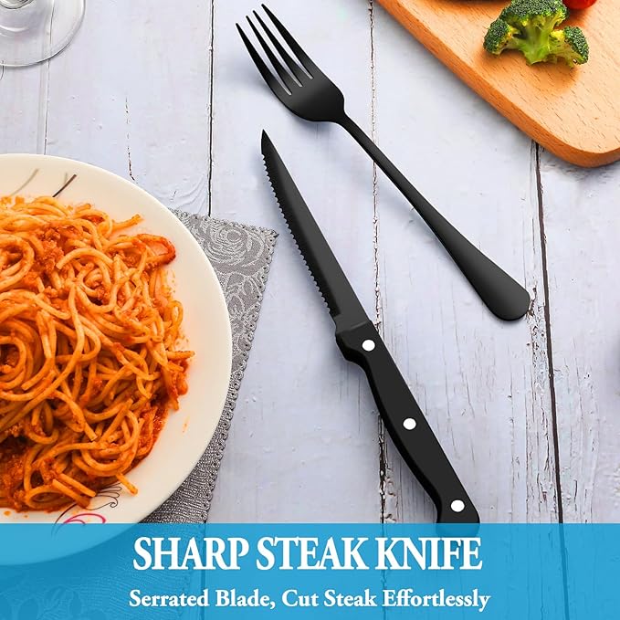 48 Pcs Black Silverware Set with Steak Knives, Stainless Steel Flatware Cutlery Set Service for 8, Kitchen Tableware Set, Utensil Set for Home and Restaurant, Knives Forks Spoon Set, Dishwasher Safe