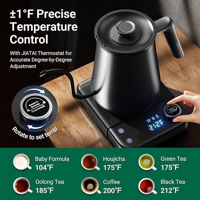 Gooseneck Electric Kettle HIYAKOI with ±1℉ Temperature Control, Pour Over Kettle for Coffee & Tea, 1200W Rapid Heating, Stainless Steel Water Boiler with 12H Keep Warm & Built-in Timer, 0.8L/27oz