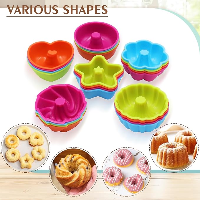 To encounter 24Pack Silicone Molds, Nonstick 2 3/4 inches Donut Mold, Silicone Baking Cups, Donut Pan, Muffin, Jello, Bagel Pan, Oven- Microwave- Dishwasher Safe