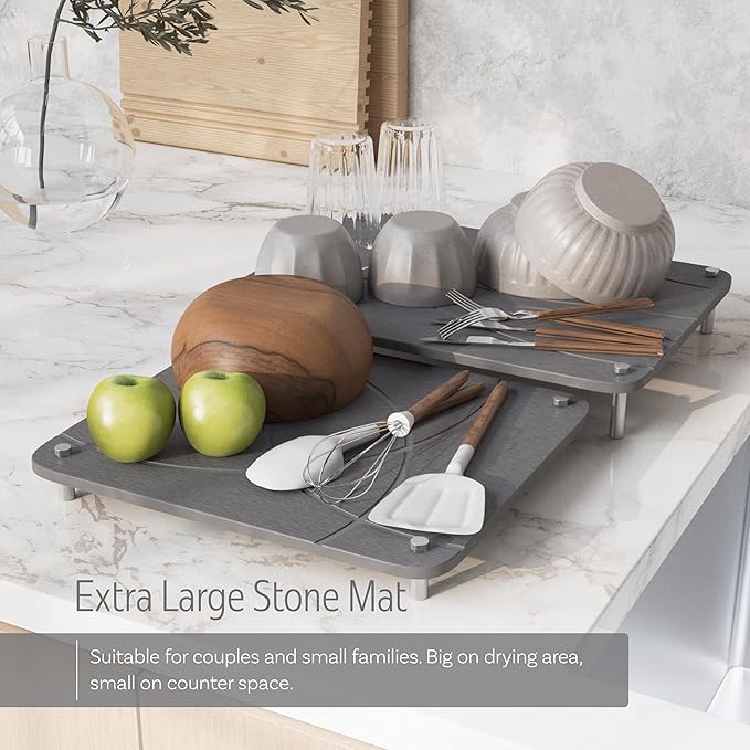Nested Dish Drying Stone Mat with Bamboo Rack | 2 Pcs Diatomaceous Earth Stone Drying Mats for Kitchen Counter with Non-Slip Feet | Collapsible Large Drying Stone for Dishes (Dark Gray)