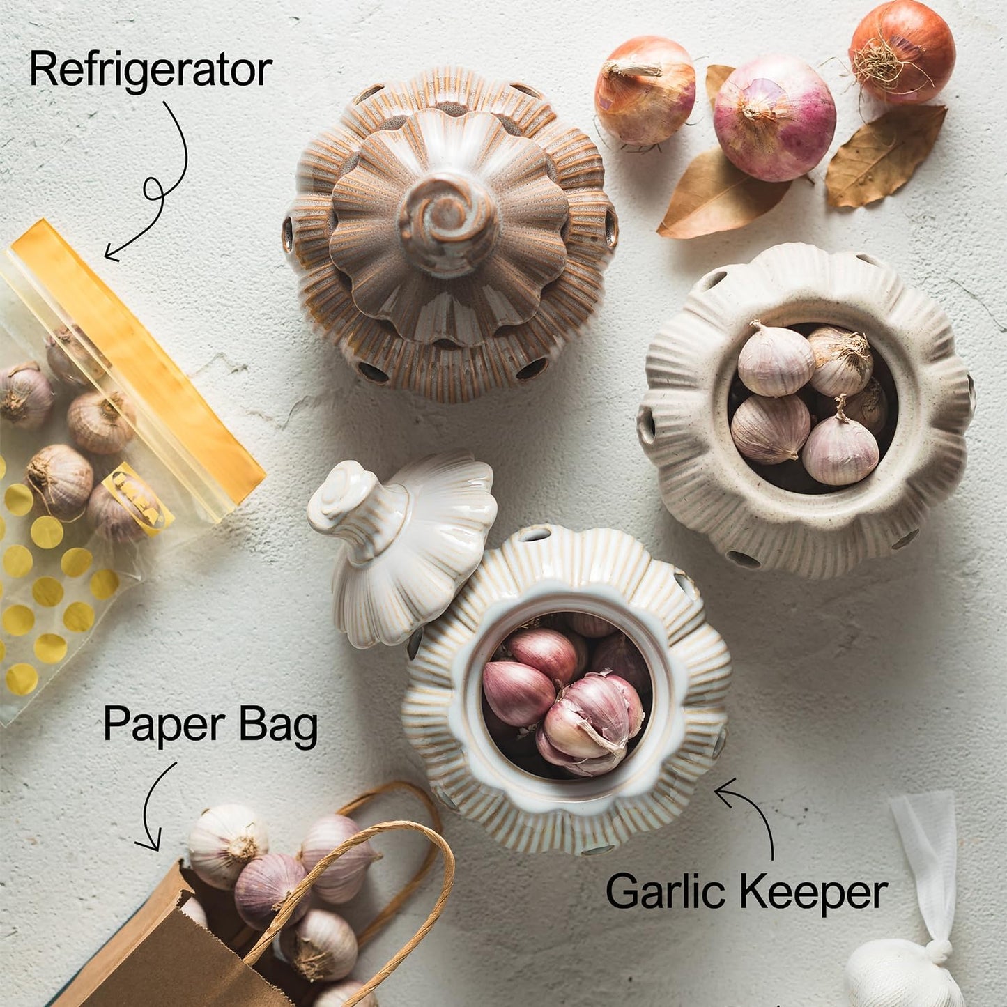 Ceramic Garlic Keeper for Counter, Garlic Holder with Lid and Holes Large Garlic Saver and Storage Cute Kitche Gadget, Yellow