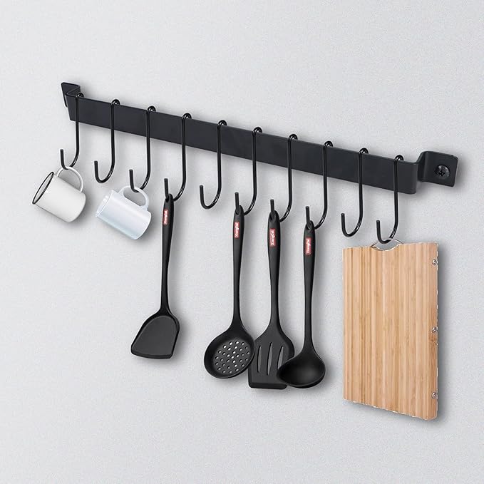 Wrought Iron Kitchen Holder: 10-Hook Wall-Mounted Utensil Rack with Black Finish - Ideal for Pots, Pans, Coffee Mugs