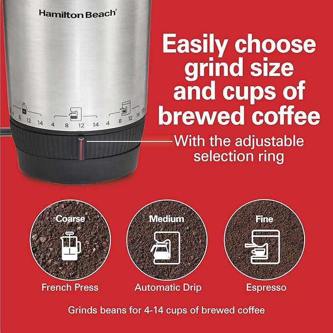 Hamilton Beach Custom Grind Electric Coffee Grinder for 4-14 Cups, One-Press Hand-Free Operation with Auto Shutoff, Removable Grinding Bowl For Easy Pour and Clean, Stainless Steel (80406) (Pack of 2)
