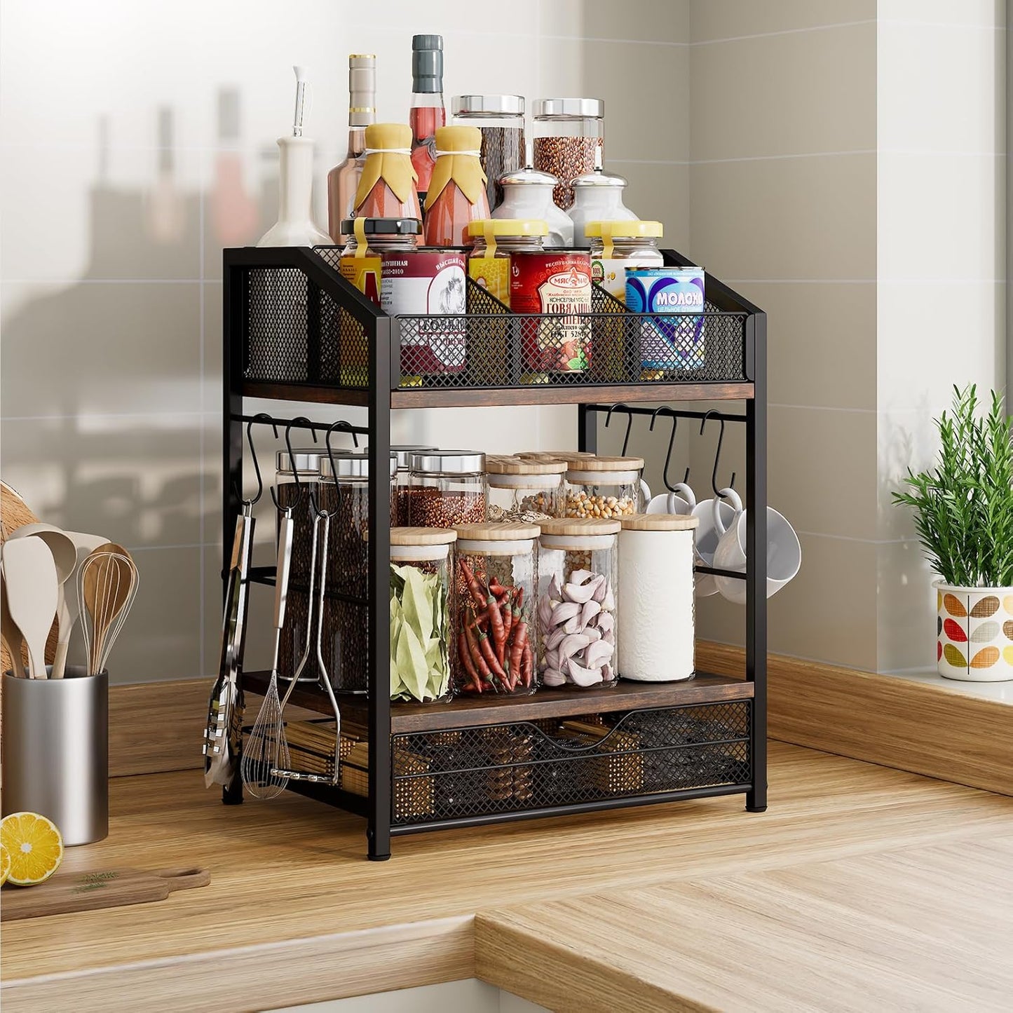 Coffee Bar Organizer - Countertop Coffee Station, 42 K Cup holder Storage Basket with Drawer and Hooks for Syrup, Cups, Stirrer, Condiment, Tea Organizer, Black and Brown