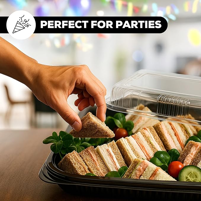 25 Pack Catering Trays with Lids – 13" Serving Tray with Lid, Heavy Duty Recyclable Plastic Party Platters for Catering, Buffet, Picnics & Events – Food Trays with Clear Lid (13.39 × 9.84 × 2.95 inch)