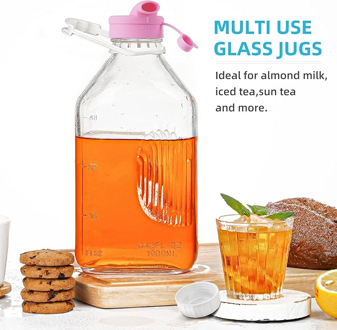 4 Pack 1/2 Gal Glass Milk Bottle with Airtight Lid & 2 Pour Spouts - 64 Oz Heavy Duty Glass Milk Jug, Water Pitchers with 8 Handles and 2 Exact Scale Lines for Juice Breast/Almond/Nut/Oat Milk Sun Tea