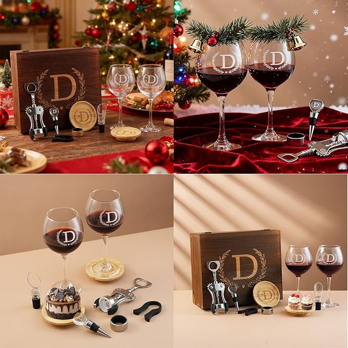 GZLDGIFTS Personalized Initial Wine Glasses Box Gift Set for Women Mom Engraved Birthday Monogrammed Wooden Wedding Anniversary Wine Couples Stopper Opener Initial Letterr (P Set)