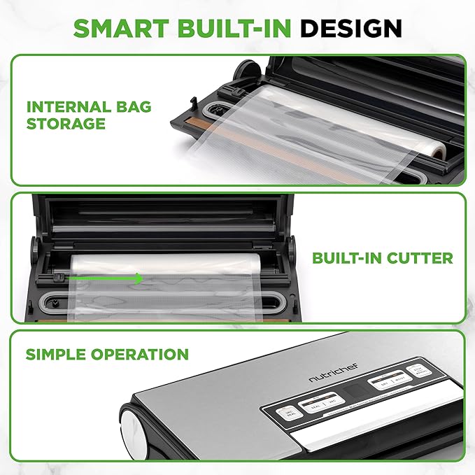 NutriChef Vacuum Sealer Machine, 80kPa Food Vacuum Sealer with Cutter, Bag Storage, Suction Hose, 1 Bag Roll & 5 Vacuum Bags to Ensure Freshness, Suitable for Freezer Meal Prep & Portioning 14"x7"x3"