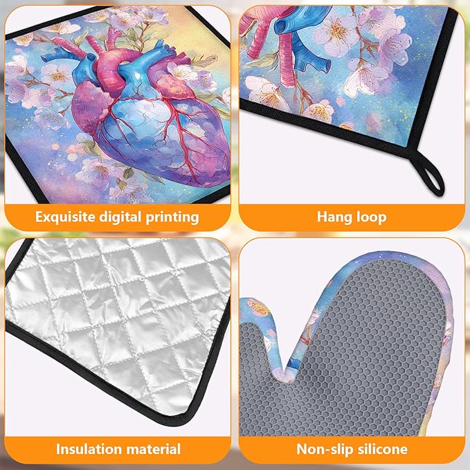 Valentine's Day Oven Mitts and Pot Holders Sets 4Pcs Silicone Non-Slip Mitts Heat Resistant Gloves Hot Pads for Kitchen Cooking Baking Grilling BBQ Heart Flowers