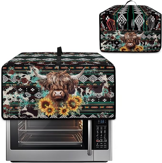 Toaster Oven Dust Cover Washable Fabric Convection Oven Cover Protector Compatible with Various Small Kitchen Appliances, M, Aztec Highland Cow Sunflower