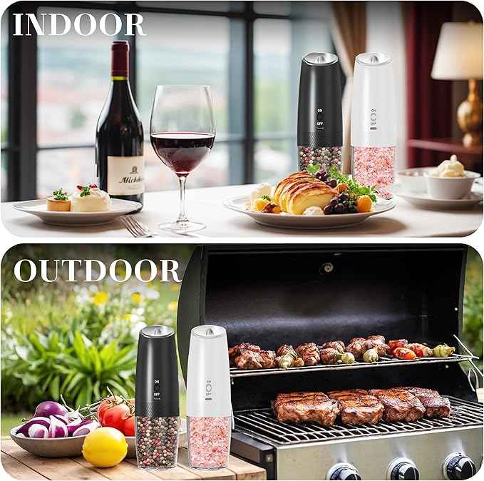 Rechargeable Salt And Pepper Grinder Set, Gravity Electric Salt And Pepper Grinder Set Electric, Salt And Pepper Shakers Set Electric, Adjustable Coarseness, LED Light, (Black+White)