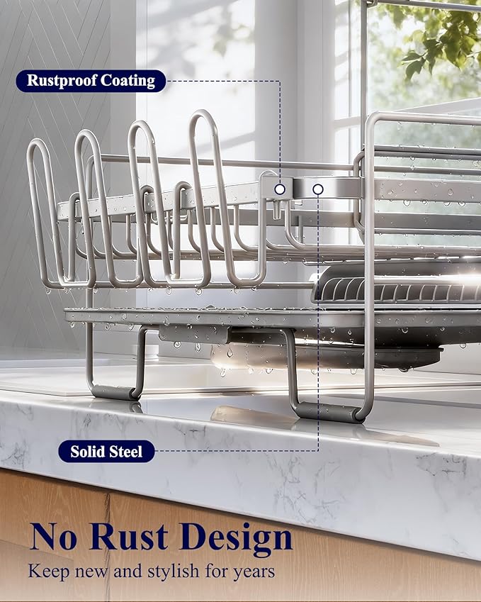 Kitsure Large Dish Drying Rack - Extendable Dish Rack, Multifunctional Dish Rack for Kitchen Counter, Anti-Rust Dish Drainers with Cutlery & Cup Holders 19.2"-26.7" L x 12.9" W x 13.6", Grey