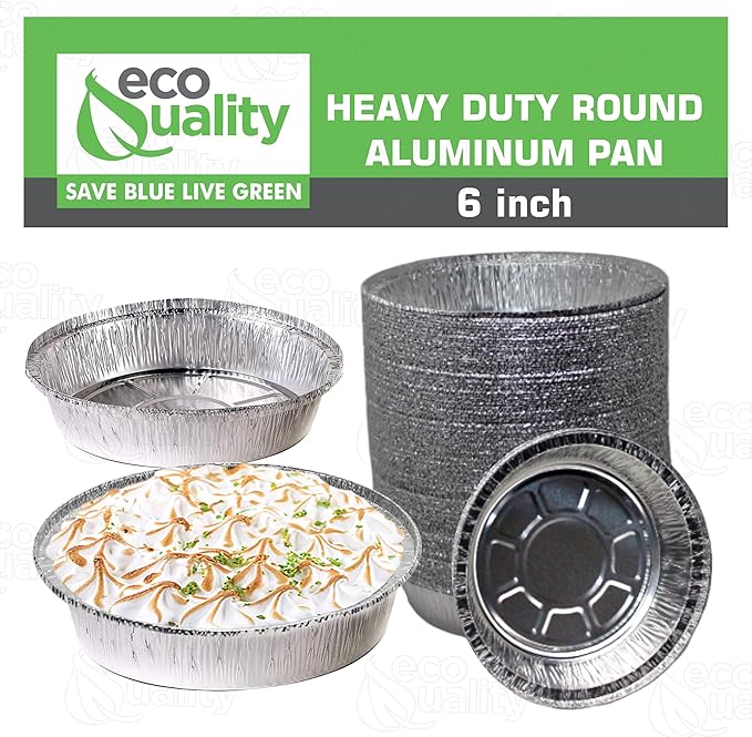EcoQuality 6" Round Aluminum Foil Pans - Disposable Containers with Foldable Walls for Pie Baking, Cooking, Serving, Reheating, and Storing - Freezer and Oven Safe Tart Pan 50 Pack