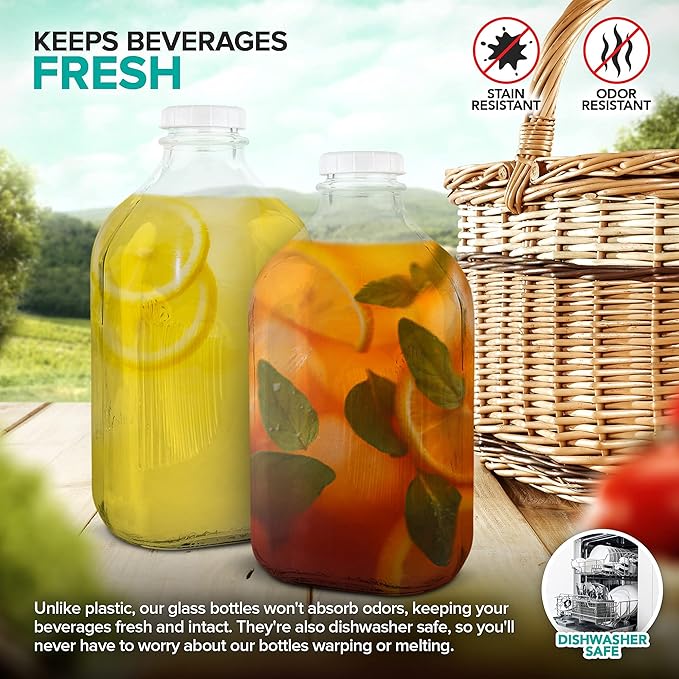 Stock Your Home 64-Oz Glass Milk Jugs with Caps (2 Pack) - 64 Ounce Food Grade Glass Bottles - Dishwasher Safe - Bottles for Milk, Buttermilk, Honey, Tomato Sauce, Jam, Barbecue Sauce