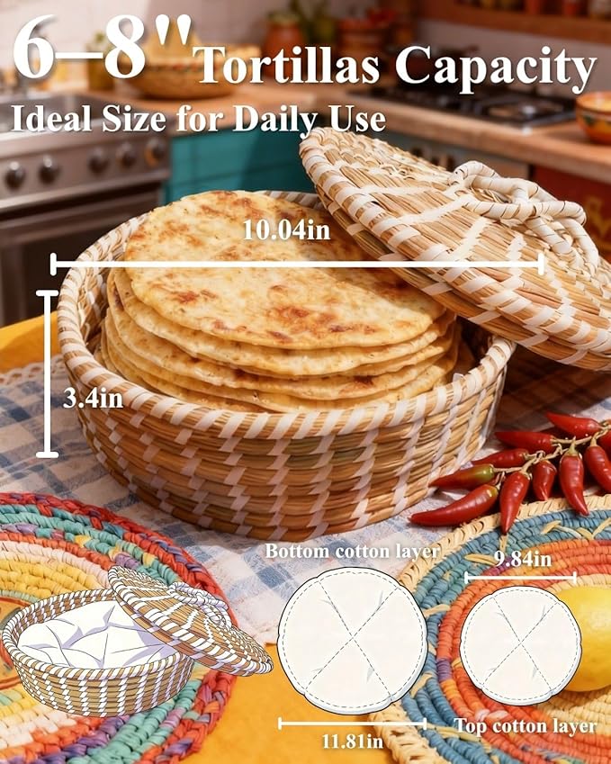 Handwoven Seagrass Tortilla Warmer Basket with Lid, 9.6" Breathable Natural Tortilla Holder with 2 Washable Cotton Liners, Boho Farmhouse Style Server for Tortillas, Roti, Pancake & Flatbread