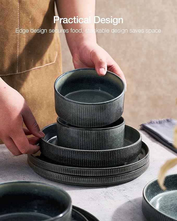 Famiware Star Stoneware Dinnerware Sets for 6 (24pcs), Chip and Scratch Resistant, Microwave & Dishwasher Safe Complete Dishes, Pasta Bowl, Cereal Bowl, Dinner Plate, Salad Plate, Ribbed, Deep Forest