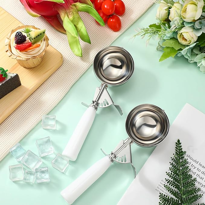 Reallnaive 2 Pcs Release Cookie Scoops Ice Cream Scooper with Trigger Release Portion Scoop Stainless Steel for Portion Control, Baking Food, Cookie Dough (5.3 oz,White)