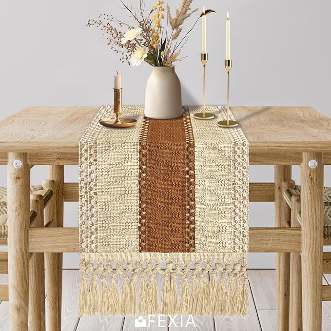 FEXIA Boho Table Runner 48 Inches Long Thanksgiving Decor with Tassels Farmhouse Style for Party Wedding Baby Bridal Shower Dining Decor Middle Brown (12x48 Inches)