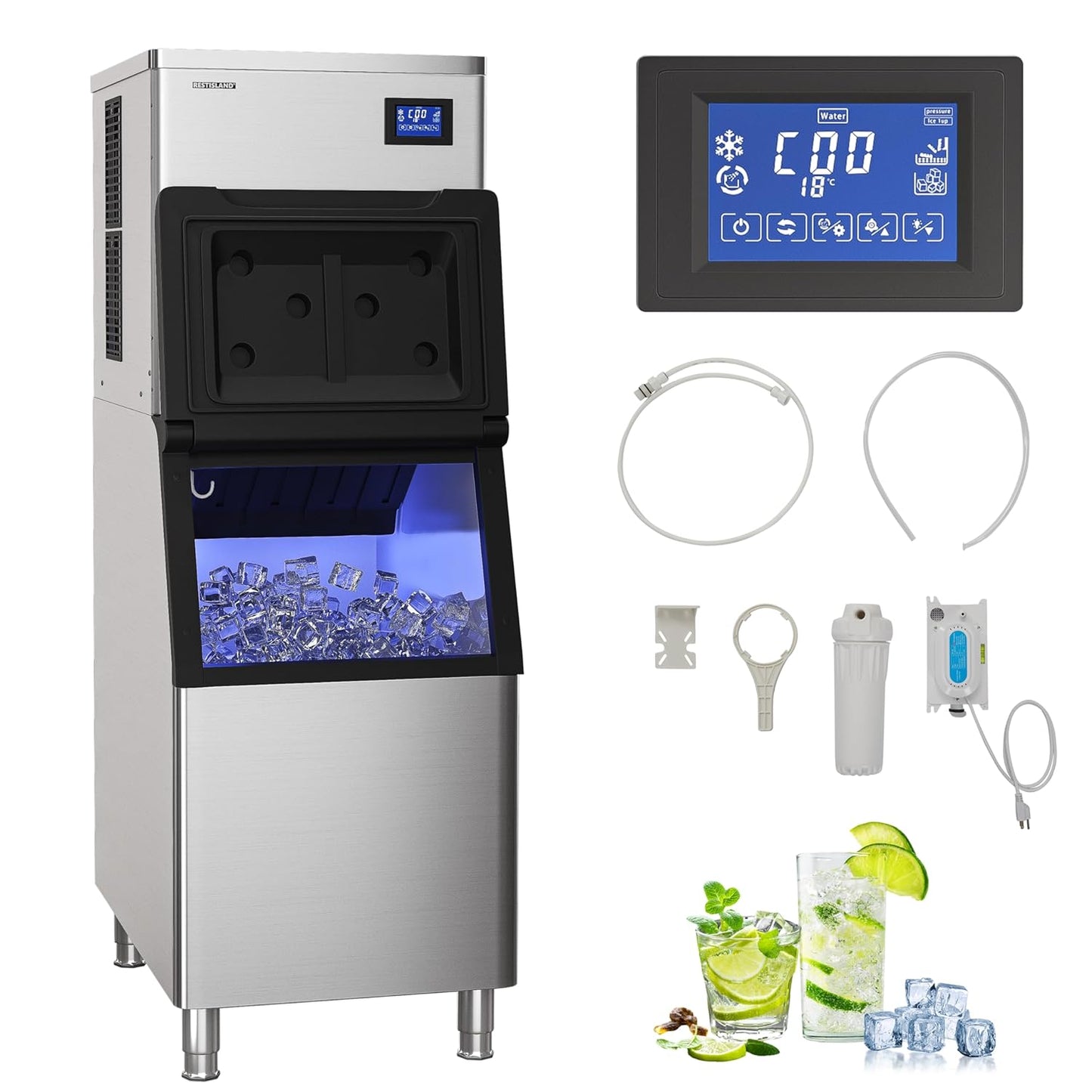 Commercial Ice Maker Machine, 500 lbs /24 h, 330 lbs Storage Bin, Stainless Steel, Automatic Cleaning, Blue Ray, Perfect for Bar or Business, Includes Ice Shovel, Connection Hose