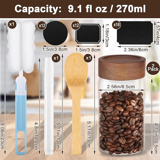 Coffee Jars Set of 2, Empty 9oz 270ml Glass Storage Jars with Airtight Wood Lids, Screw Top Kitchen Glass Container, Sugar Canister for Spice, Snacks, Loose Tea, Candy, Oats, Beans, Seasoning